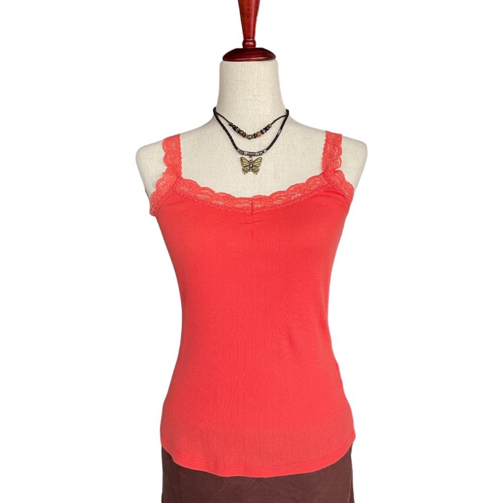 Vintage 90s y2k Orange Lace Trim Tank Cami Size L